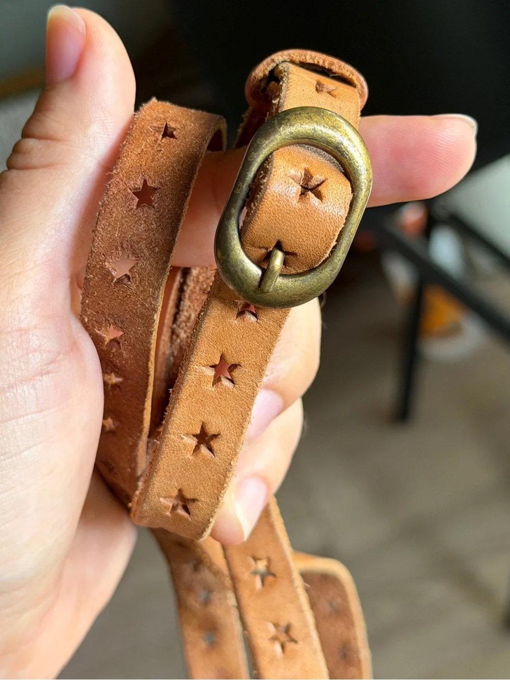 Leather Star-Studded belt brass buckle
